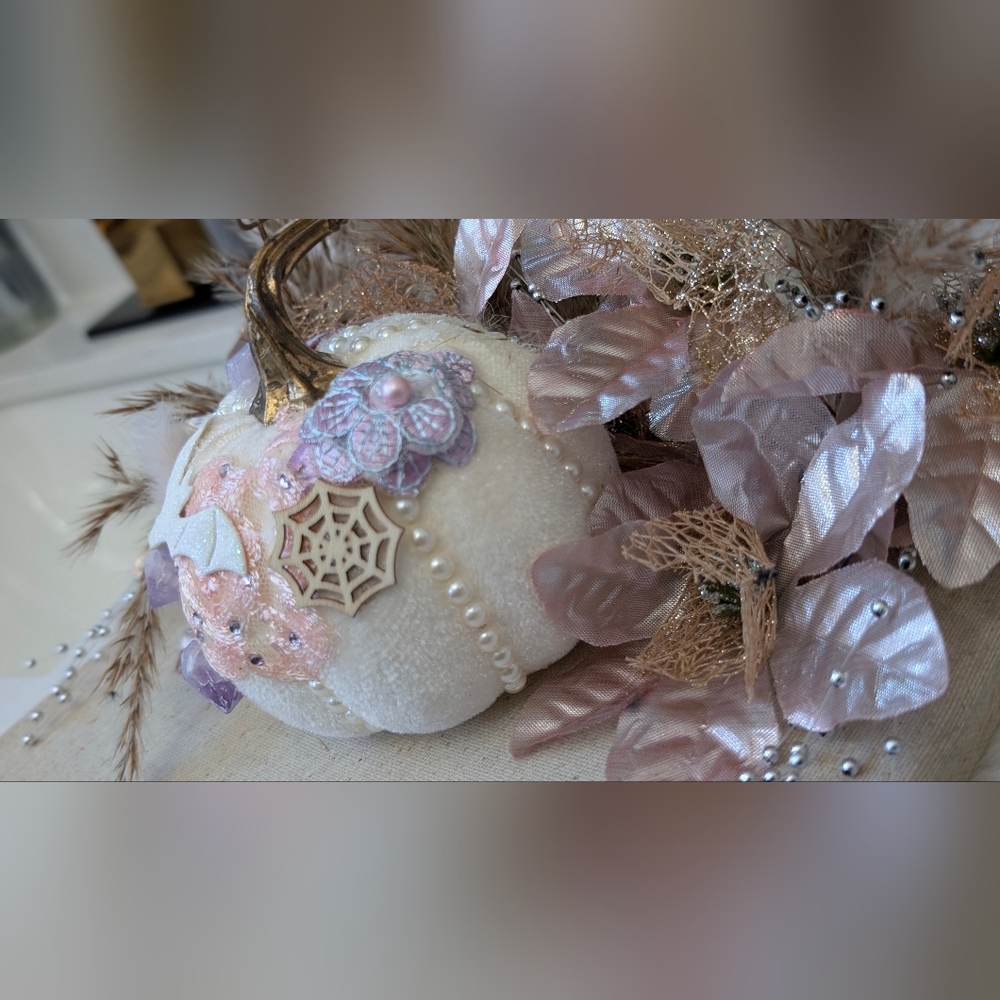 Handmade Whimsical Halloween Pink Pumpkin & Amethyst Crystal Table Art